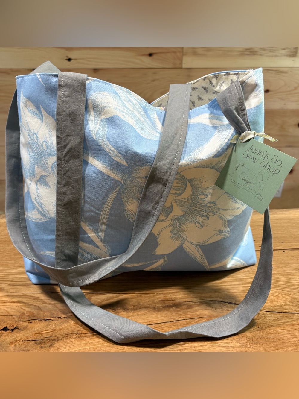 Blue Floral Cotton Tote Bag
